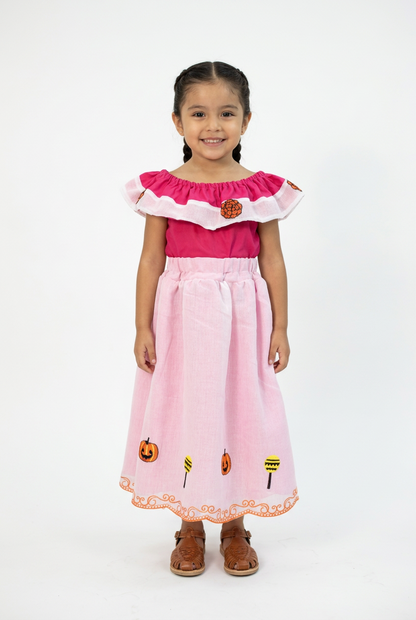 SET CATRINA BLUSA ROSA CON OLAN Y FALDA BLANCA CALABAZAS
