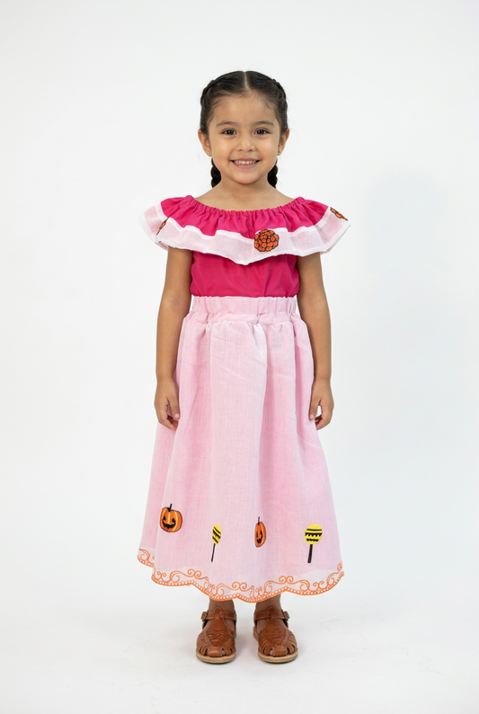 SET CATRINA BLUSA ROSA CON OLAN Y FALDA BLANCA CALABAZAS