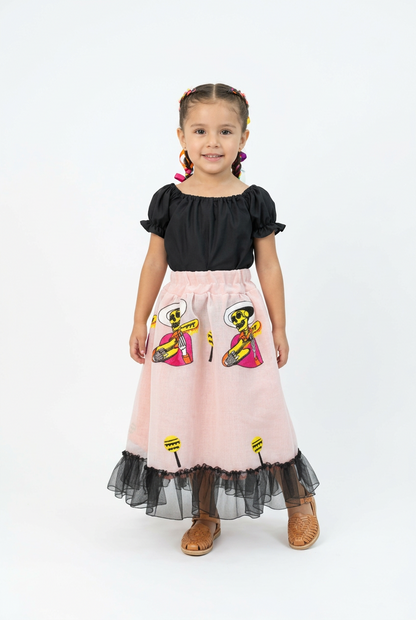 SET CATRINA BLUSA NEGRA Y FALDA BLANCA CALAVERAS