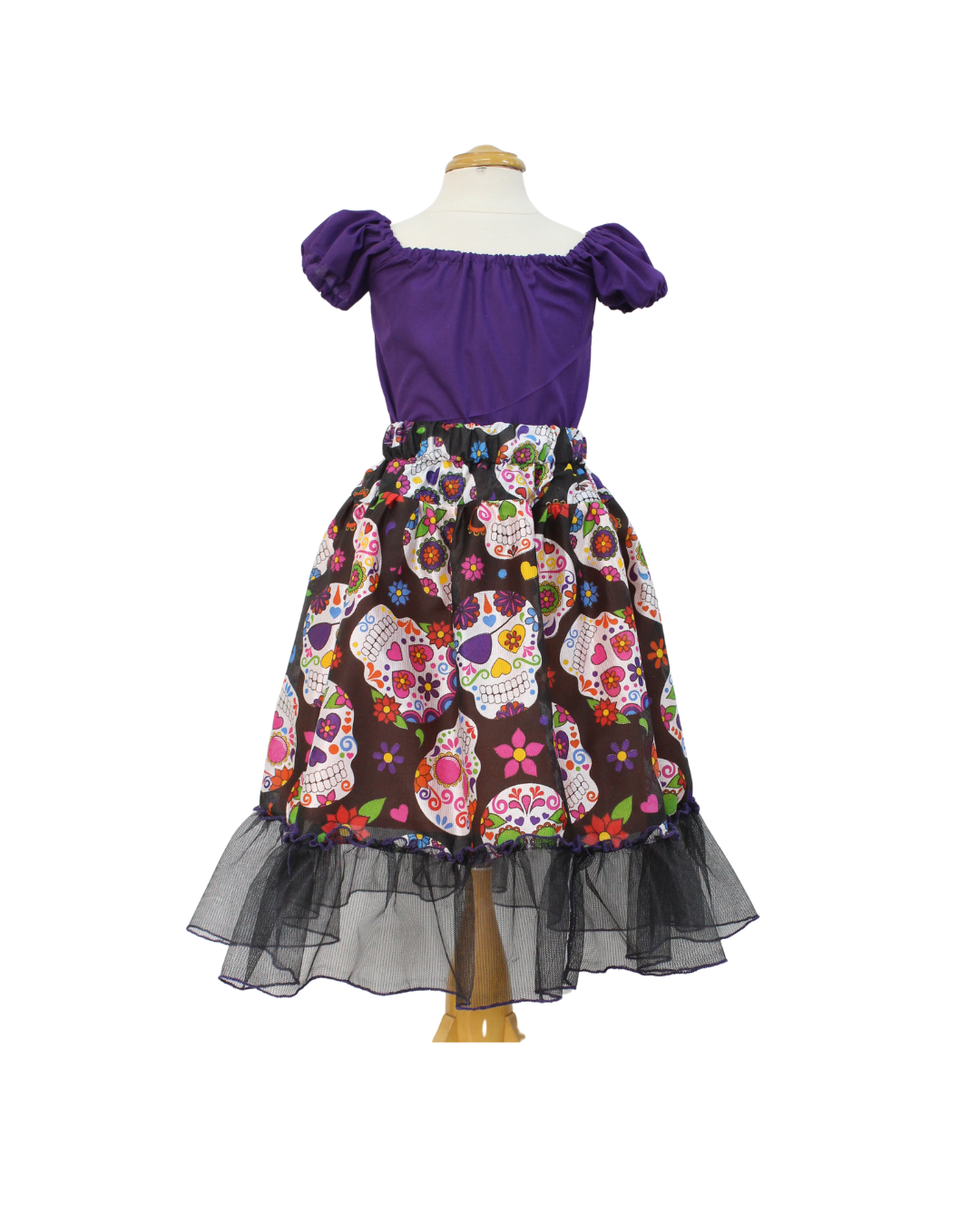 SET CATRINA BLUSA MORADA Y FALDA NEGRA CALAVERAS