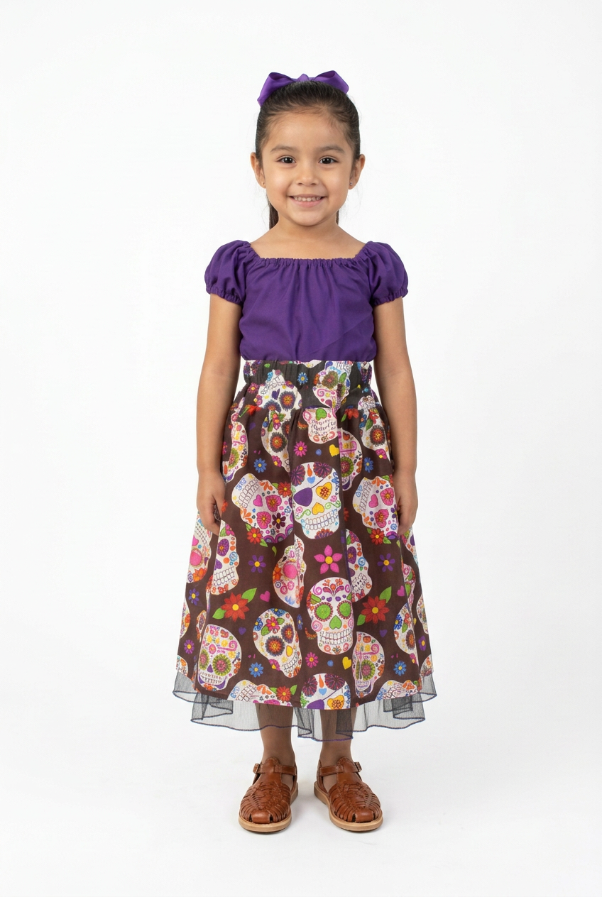 SET CATRINA BLUSA MORADA Y FALDA NEGRA CALAVERAS
