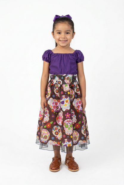 SET CATRINA BLUSA MORADA Y FALDA NEGRA CALAVERAS