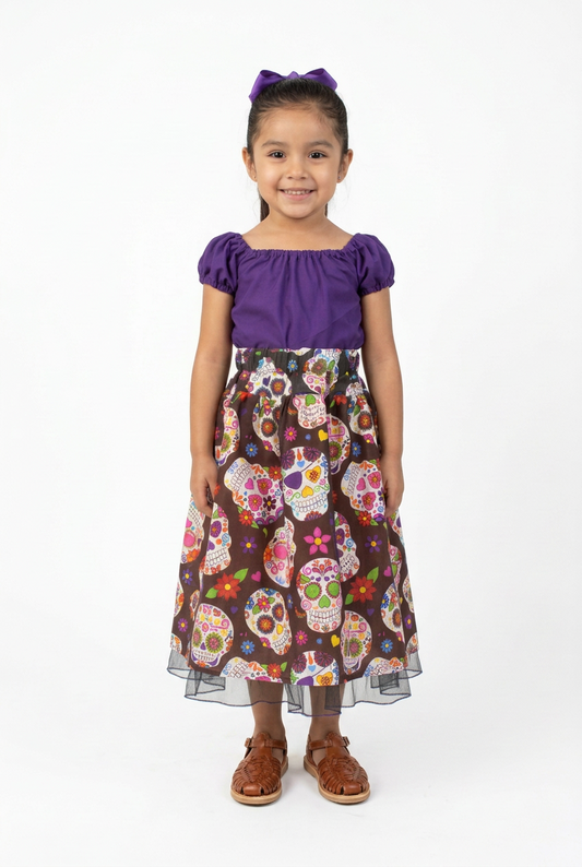 SET CATRINA BLUSA MORADA Y FALDA NEGRA CALAVERAS
