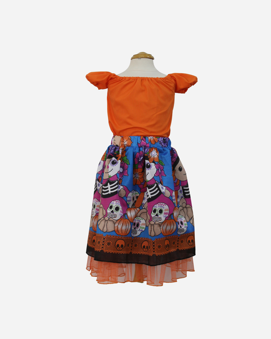 SET CATRINA BLUSA MANGA GLOBO Y FALDA MOTIVOS DIA DE MUERTOS