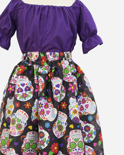 SET CATRINA BLUSA MANGA BOMBACHA  FALDA MOTIVOS DIA DE MUERTOS
