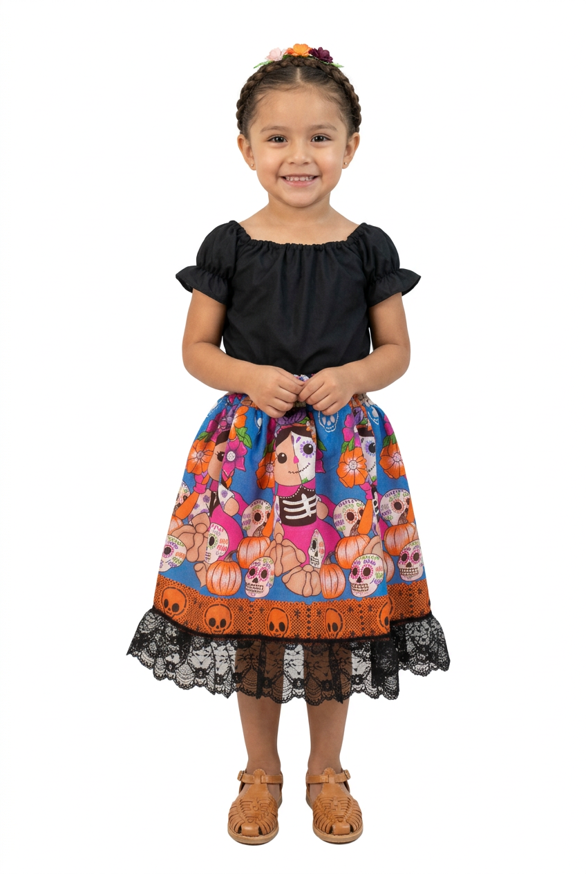 SET CATRINA BLUSA NEGRA Y FALDA MORADA CALAVERAS