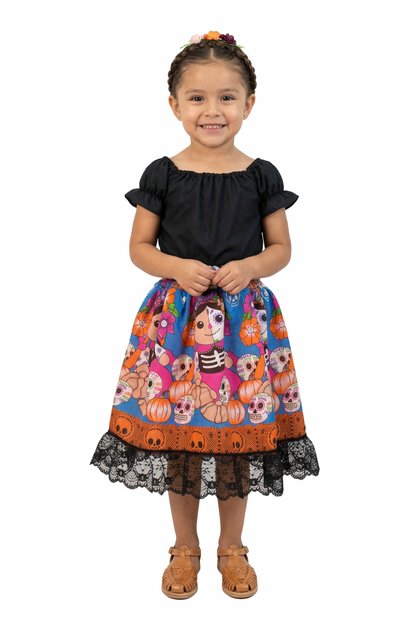 SET CATRINA BLUSA NEGRA Y FALDA MORADA CALAVERAS