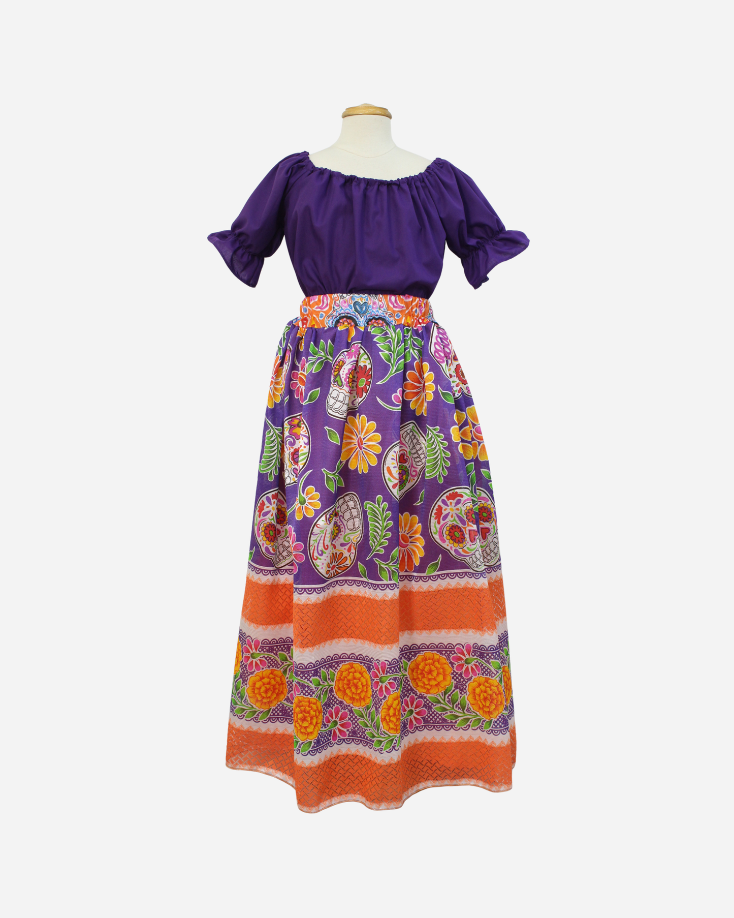 SET CATRINA BLUSA MANGA BOMBACHA Y FALDA MOTIVOS DIA DE MUERTOS