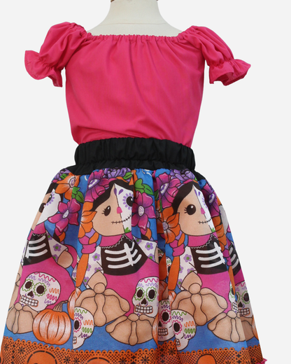 SET CATRINA BLUSA MANGA BOMBACHA Y FALDA MOTIVOS DIA DE MUERTOS