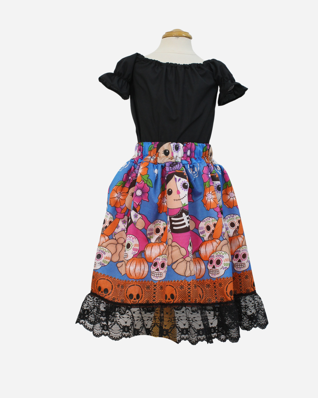 SET CATRINA BLUSA MANGA BOMBACHA Y FALDA MOTIVOS DIA DE MUERTOS