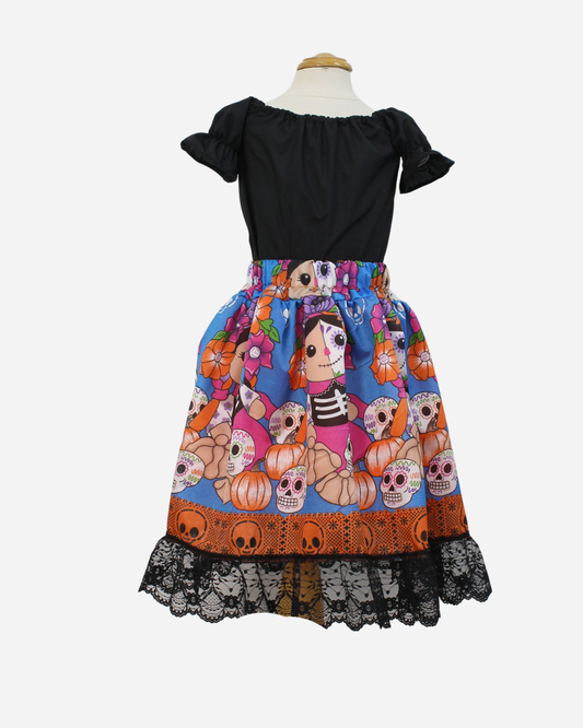 SET CATRINA BLUSA MANGA BOMBACHA Y FALDA MOTIVOS DIA DE MUERTOS