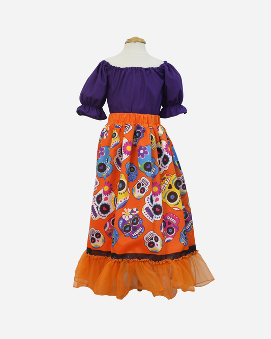 SET CATRINA BLUSA MANGA BOMBACHA Y FALDA MOTIVOS DIA DE MUERTOS