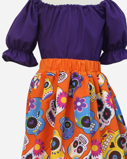 SET CATRINA BLUSA MANGA BOMBACHA Y FALDA MOTIVOS DIA DE MUERTOS