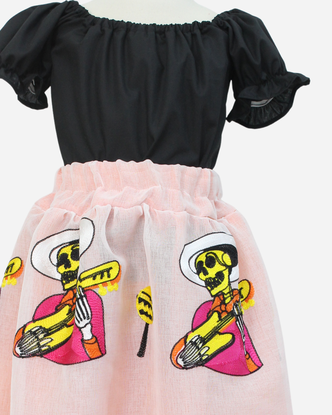 SET CATRINA BLUSA MANGA BOMBACHA Y FALDA MOTIVOS DIA DE MUERTOS