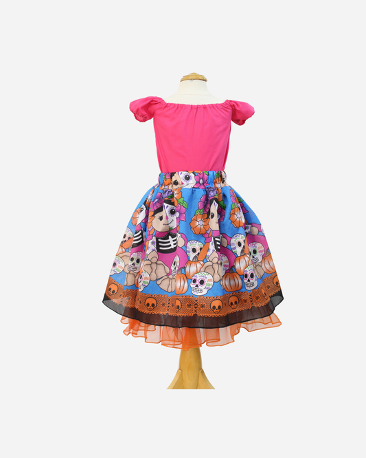 SET CATRINA BLUSA MANGA GLOBO Y FALDA MOTIVOS DIA DE MUERTOS