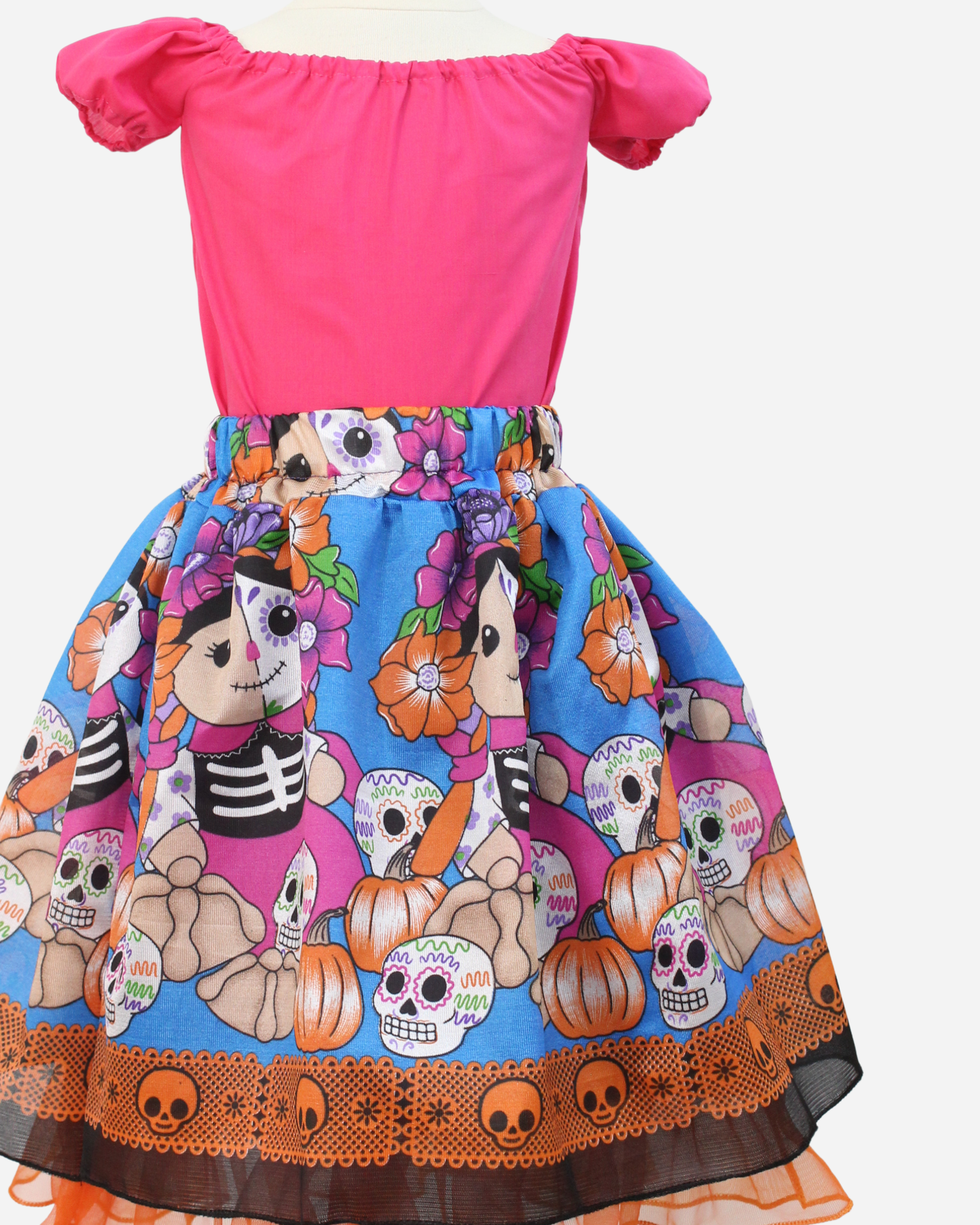 SET CATRINA BLUSA MANGA GLOBO Y FALDA MOTIVOS DIA DE MUERTOS