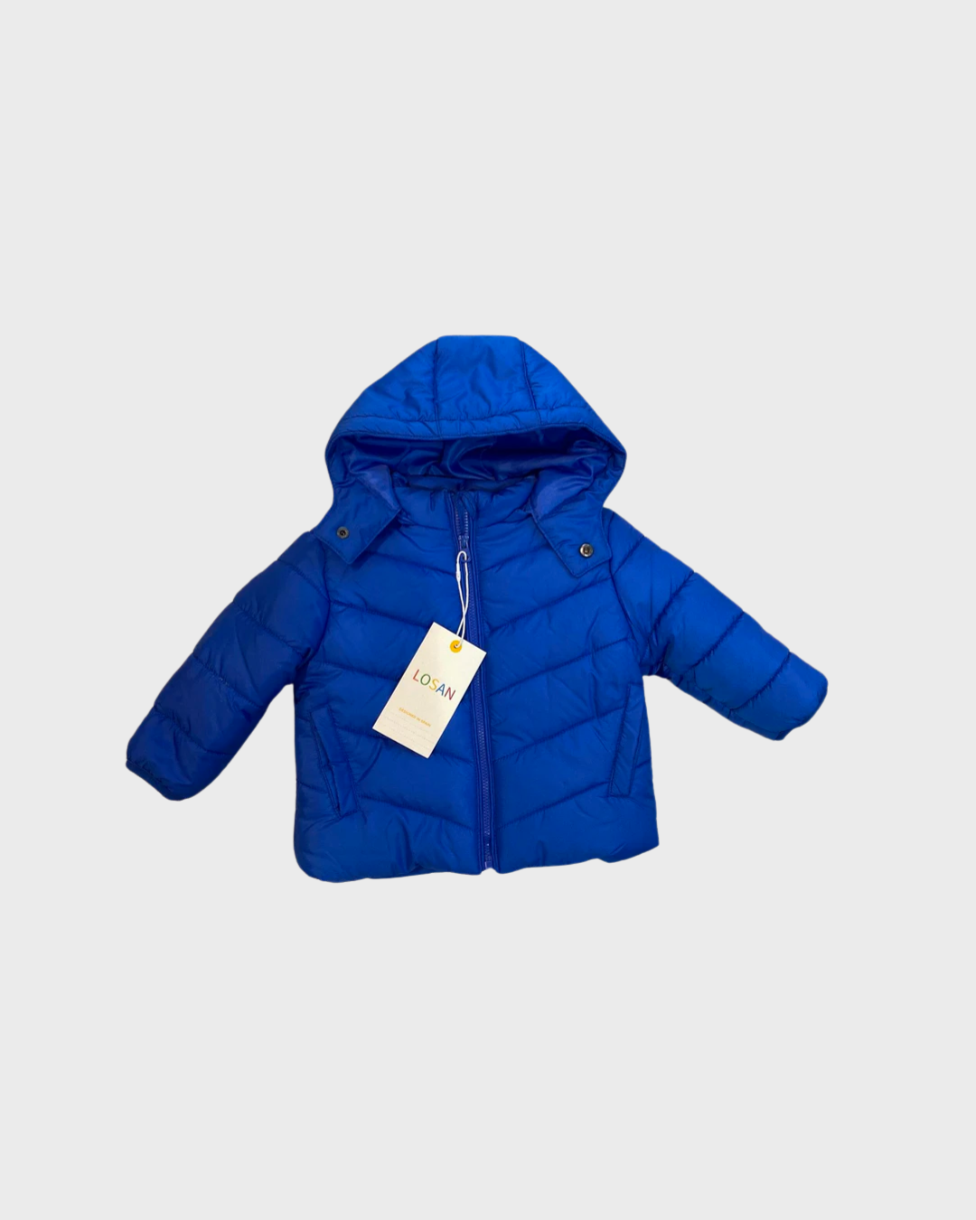 chamarra acolchada color azul, gorro desprendible