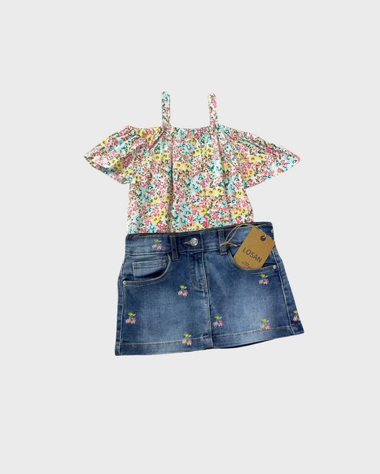 Set Blusa Flores y Falda Mezclilla Bordado Flores