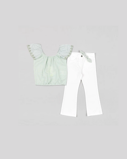 conjunto blusa pantalón color blanco blusa a cuadros verde olivo