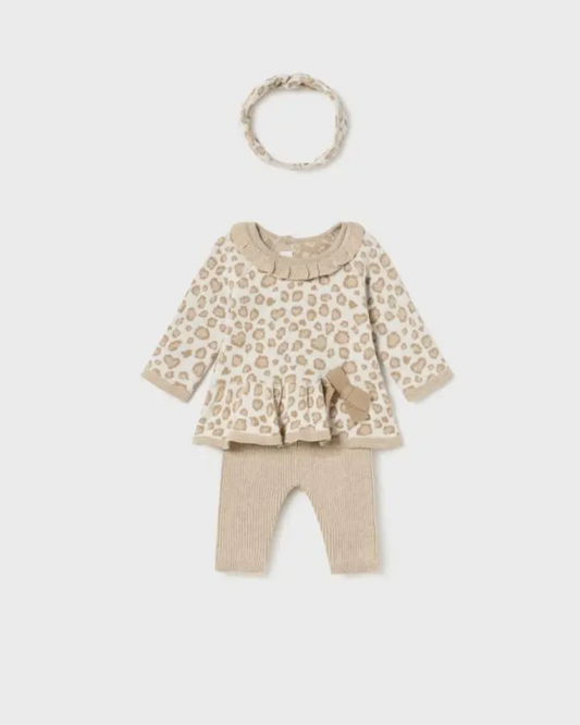 Conjunto 3 piezas tricot, pantalón jersey y diadema, animal print