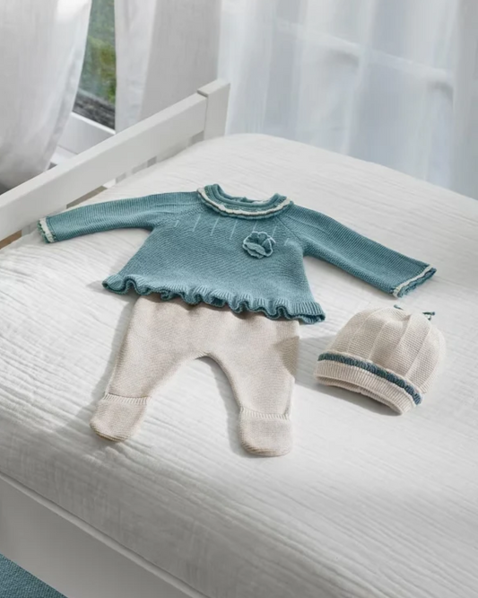 Conjunto tejido iceberg. polaina, gorro y pantalón