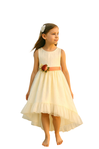 Vestido color crudo con flores en la cintura