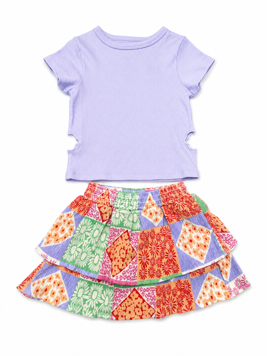 Set Blusa Lilac y Falda volante textura Cuadros