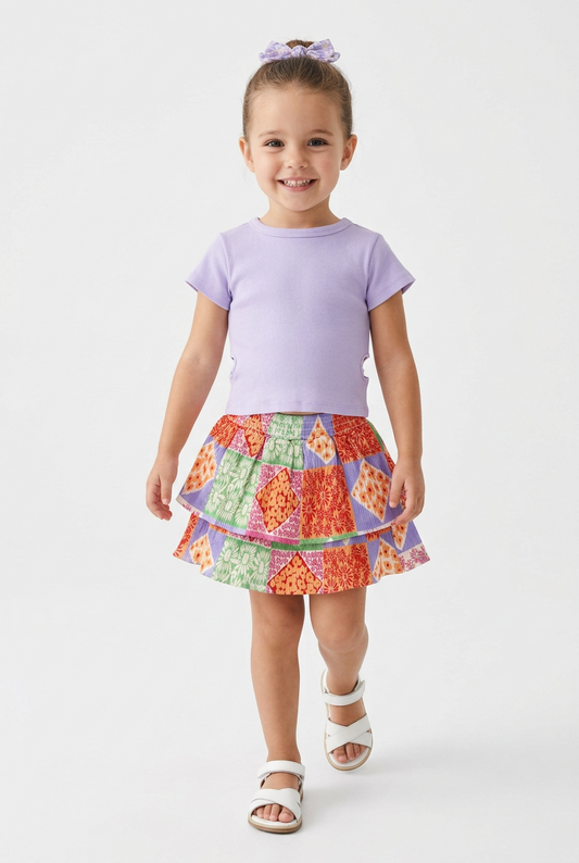Set Blusa Lilac y Falda volante textura Cuadros