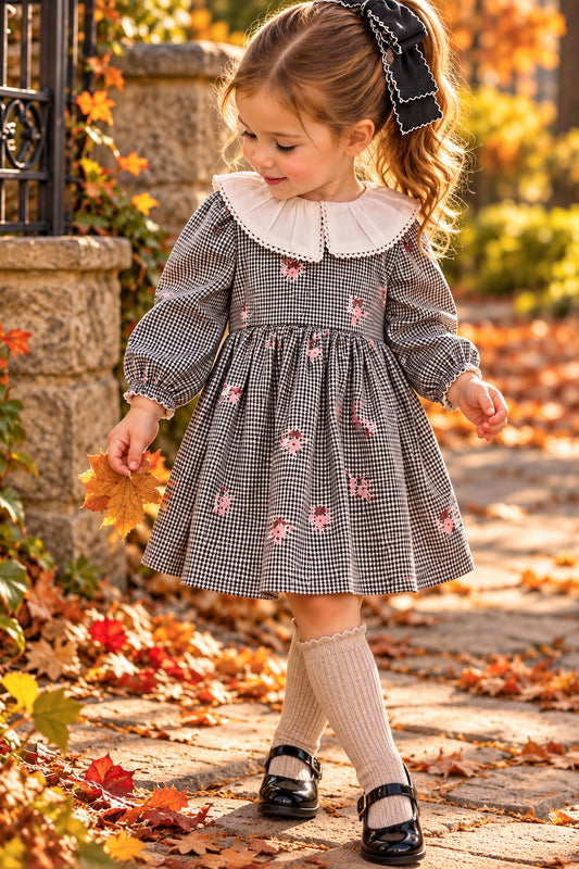 Vestido de algodón Vichy con flores para bebé niña, blanco/azul marino