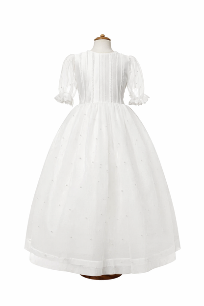 Vestido comunión falda perlas, manga tres cuartos