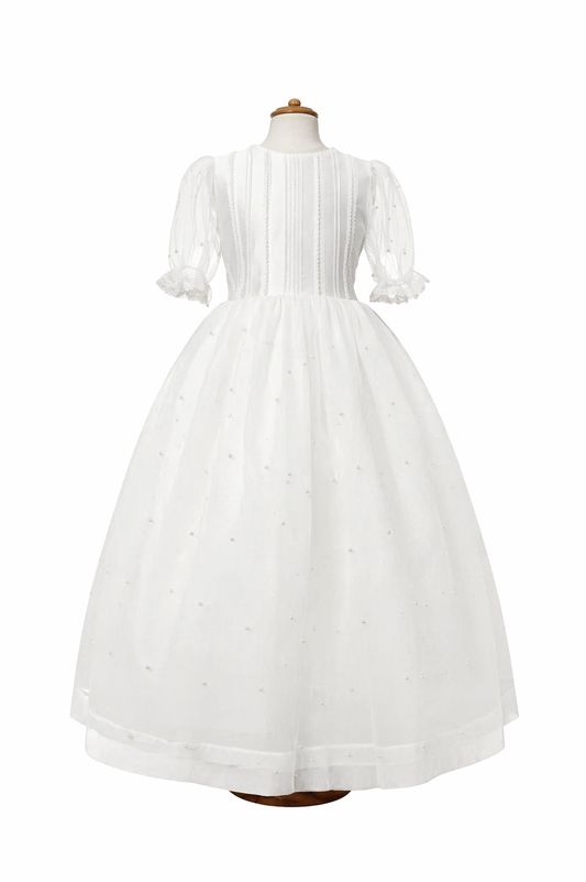 Vestido comunión falda perlas, manga tres cuartos