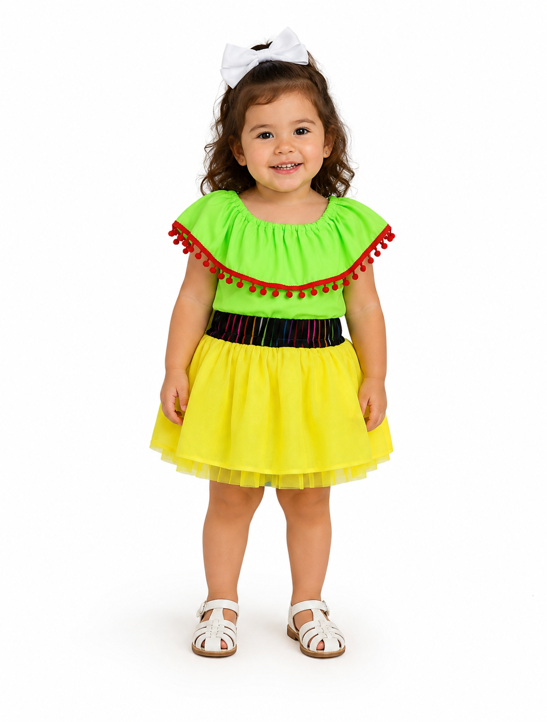 SET PATRIO TUTU CON BLUSA CAMPESINA VERDE POMPON ROJO, FALDA AMARILLA