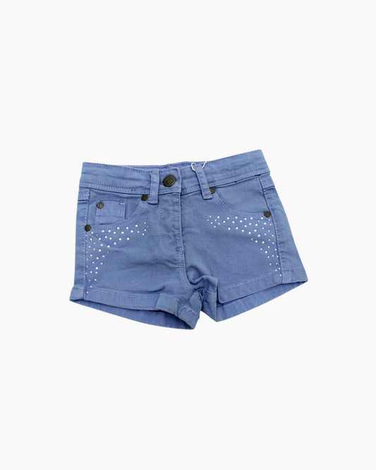 short corto con talle alto color azul, aplicaciones a los lados