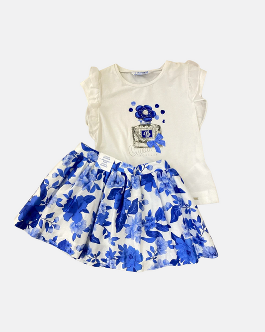 conjunto blusa blanca con perfume, falda flores