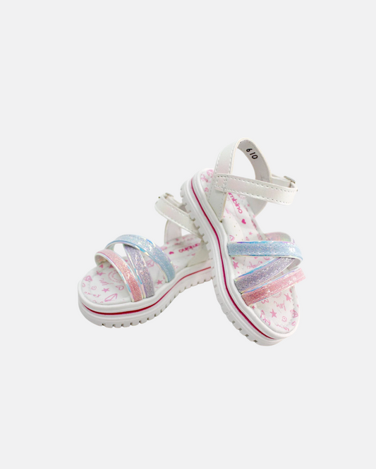 huarache niña colores pastel, tiras rosa lila y azul glitter