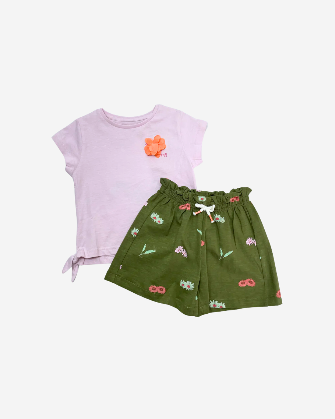 Set blusa lila flor melo con short verde flores