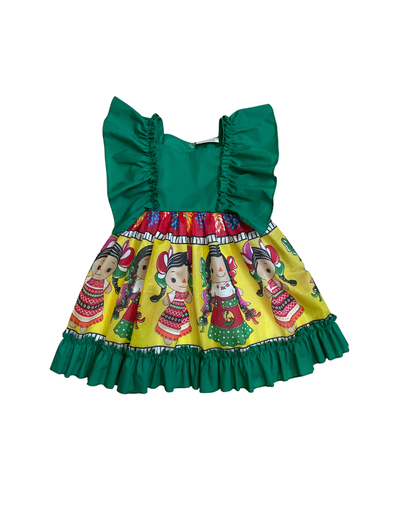 VESTIDO ADELITA TIPICO PATRIO ELEGANTE PETO VERDE, FALDA VERDE MUÑECAS