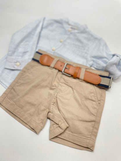 Set camisa manga larga y short beige