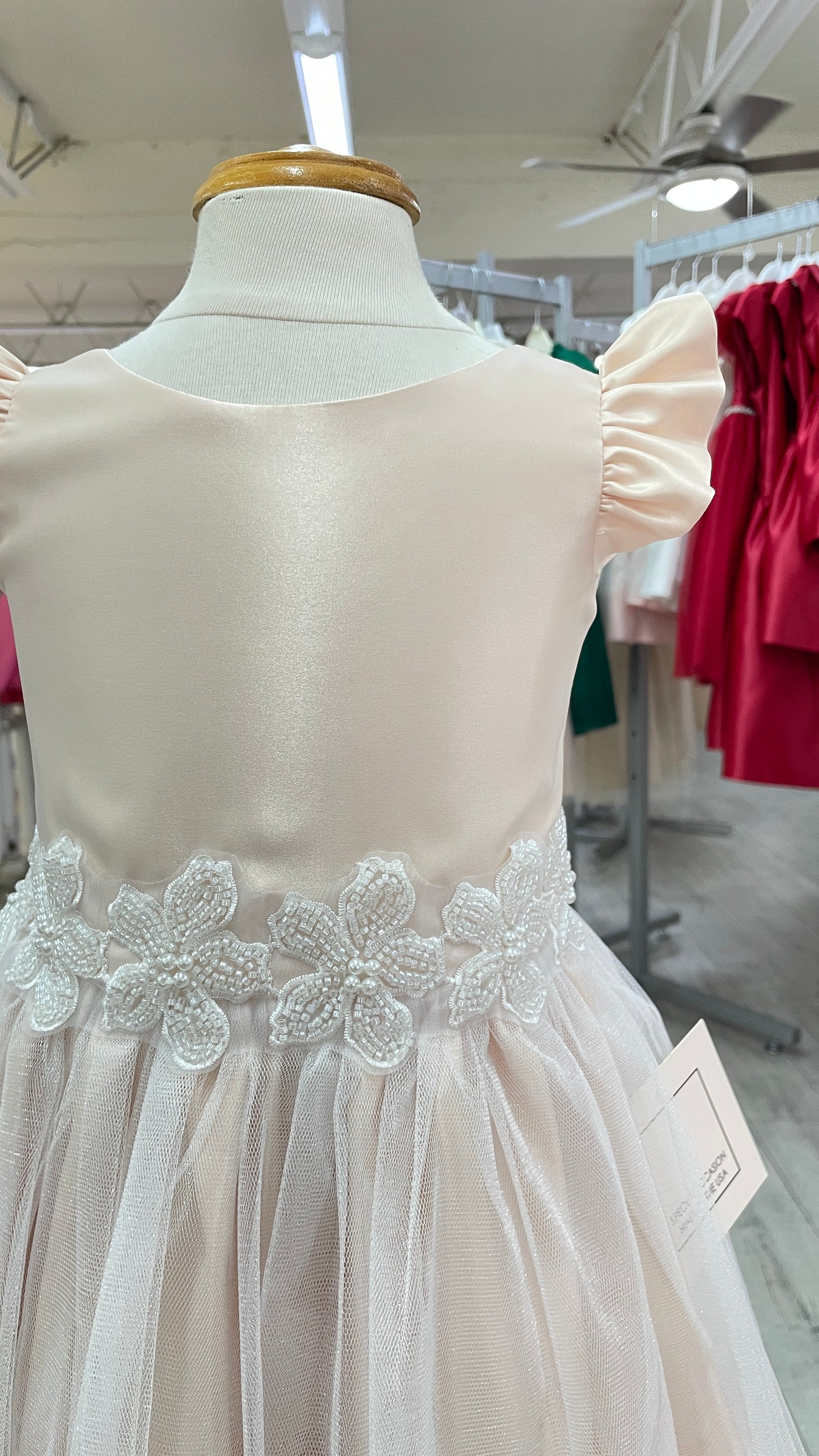 Vestido Color Blush Falda Tul y Cinto Bordado Flores