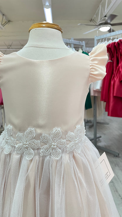 Vestido Color Blush Falda Tul y Cinto Bordado Flores