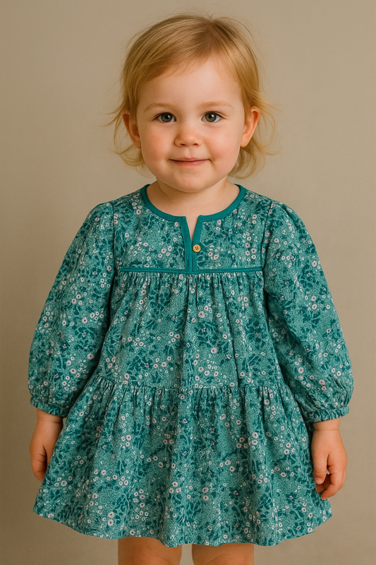 Vestido manga larga color verde turquesa flores