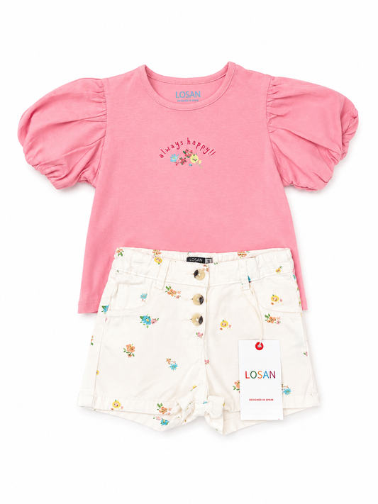 Blusa Manga Bombacha Rosa y Sort Corto Flores Always Happy