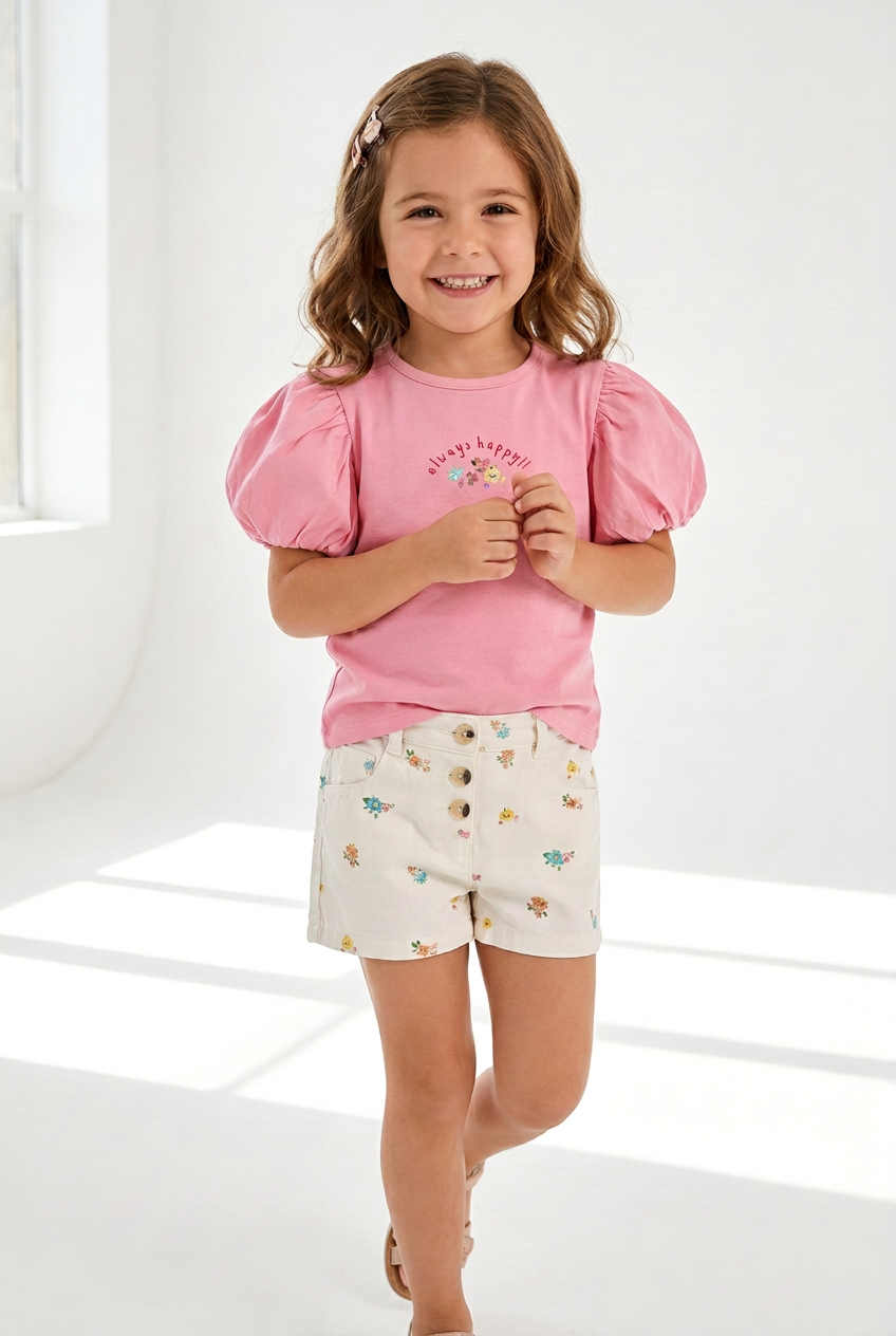 Blusa Manga Bombacha Rosa y Sort Corto Flores Always Happy
