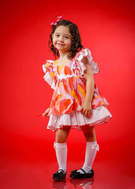 Vestido multicolor naranja y rojo con olanes