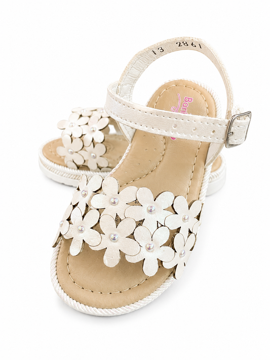 Huarache blanco tornasol dos tiras de flores