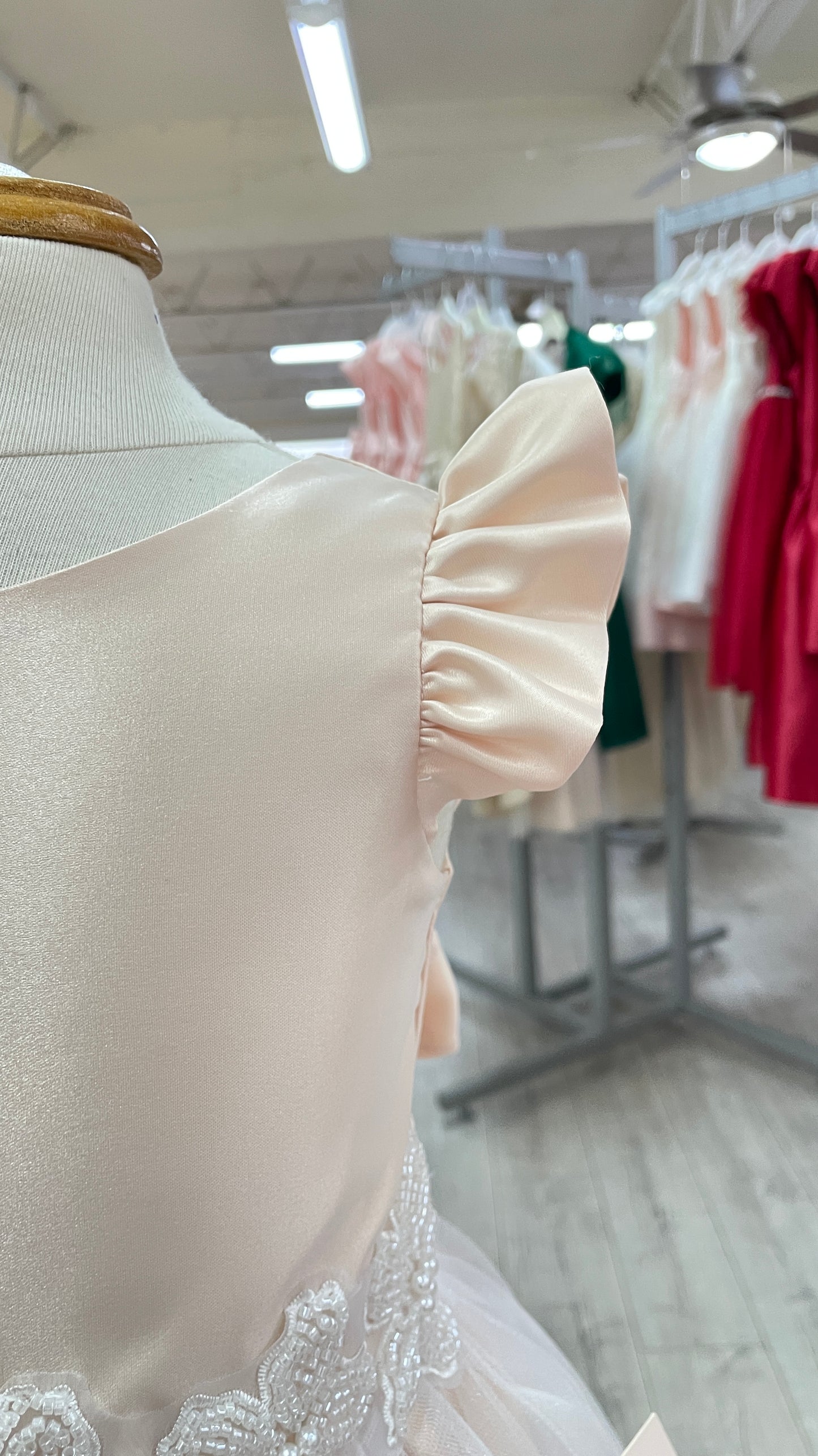 Vestido Color Blush Falda Tul y Cinto Bordado Flores