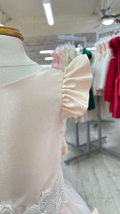 Vestido Color Blush Falda Tul y Cinto Bordado Flores