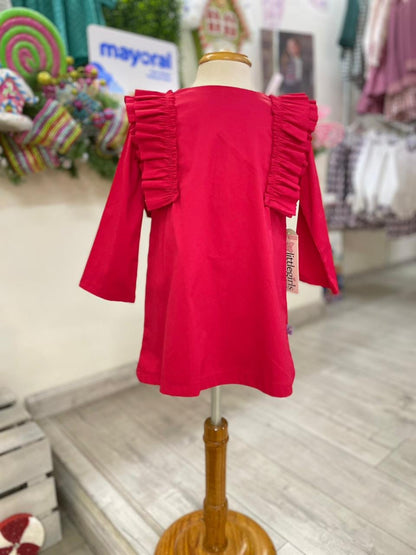 vestido manga larga color rojo, olanes en manga