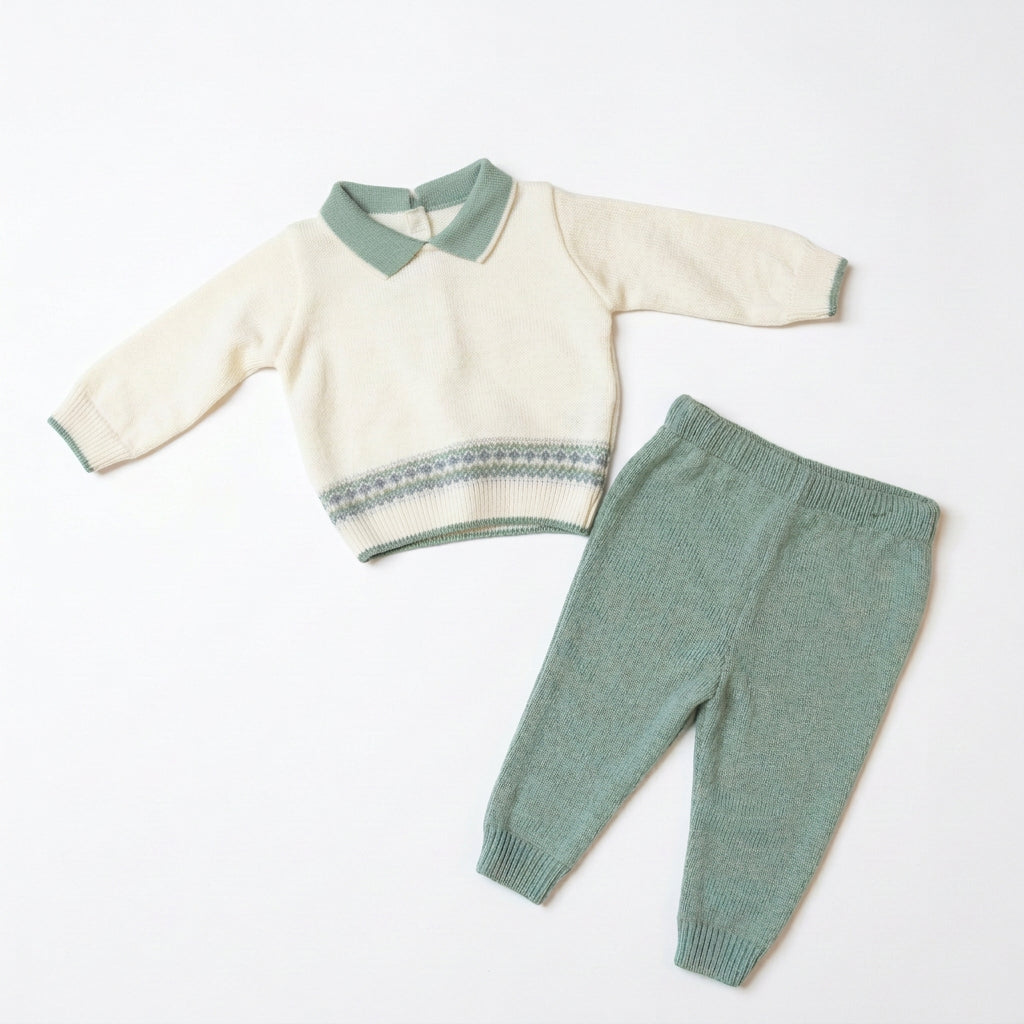 Conjunto pantalon tejido verde menta y crema