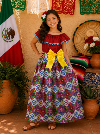 SET FALDA ADELITA COLORES BLUSA CAMPESINA ROJA POMPON AZUL, FALDA CUADROS BLANCA